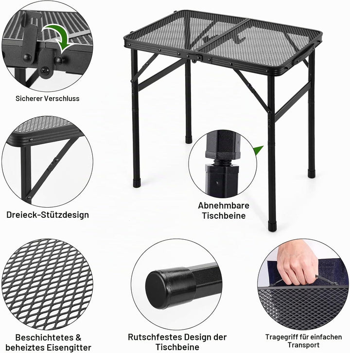 Odoland 2FT Faltbarer Campingtisch, höhenverstellbarer Grilltisch mit Mesh Desktop, Outdoor-Picknick