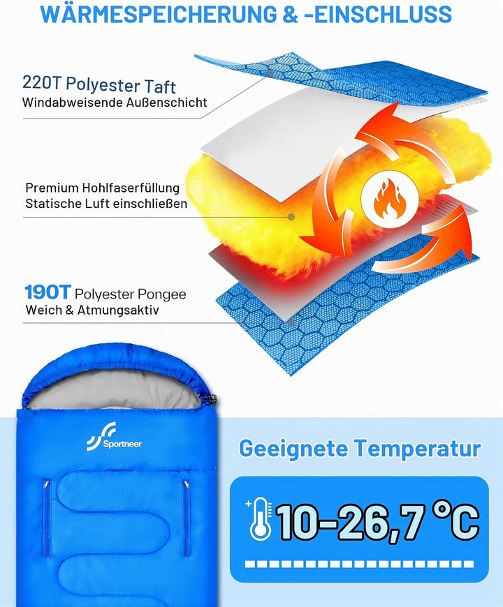 Sportneer Schlafsack Outdoor - Deckenschlafsack 3-4 Jahreszeiten Erwachsene Warm Schlafsack für Camp