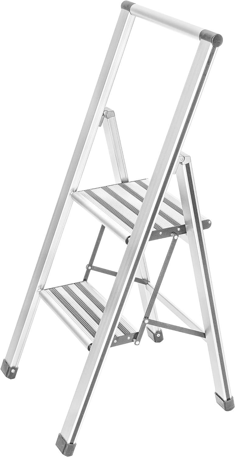 WENKO Leichte Aluminium Trittleiter mit 2 Stufen für 50 cm höheren Stand, rutschsichere XXL-Stufen,