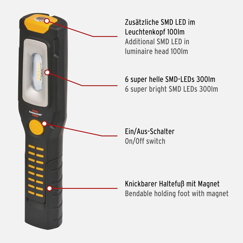 Brennenstuhl LED Arbeitsleuchte mit Akku/Akku Werkstattlampe mit Magnet (300+100 lm, LED Taschenlamp