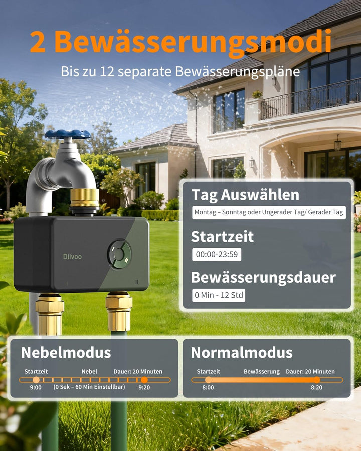 Diivoo Bewässerungscomputer WLAN 2 Ausgänge mit RFID-Gateway, Smart Wasserzeitschaltuh mit App, 6 Be