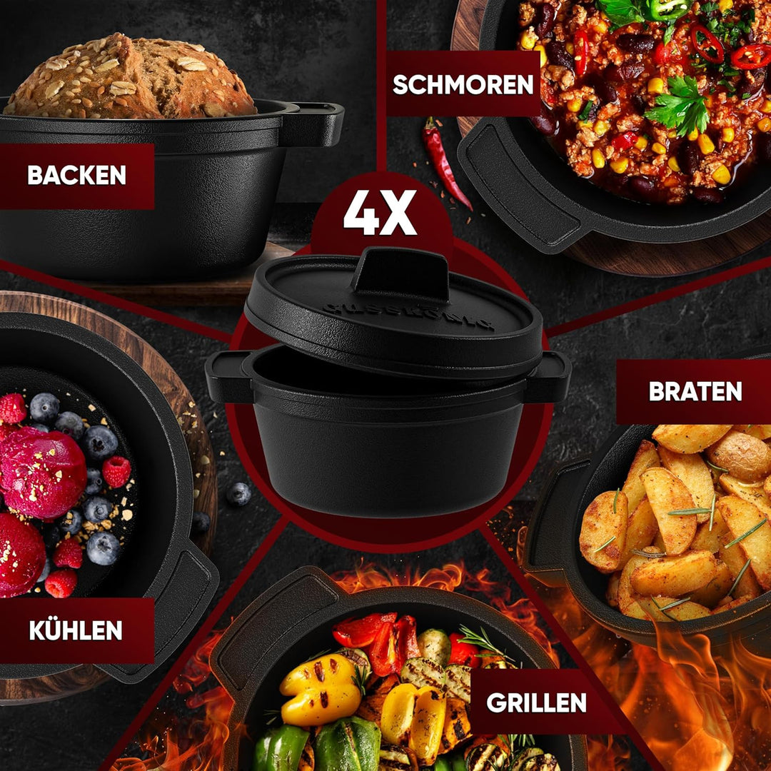 GUSSKÖNIG Dutch Oven Set Mini mit Holz-Untersetzer - 4x 300ml Gusseisen Mini Topf mit Deckel - einge