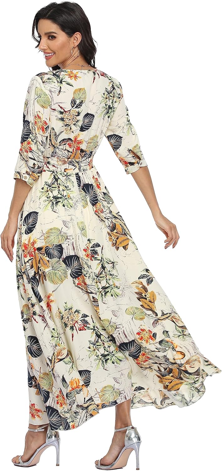 VOGMATE Damen Lange Split Knopf Up Sommer Maxikleid Floral Strandwear Holidy Kleid Hohe Taille mit k