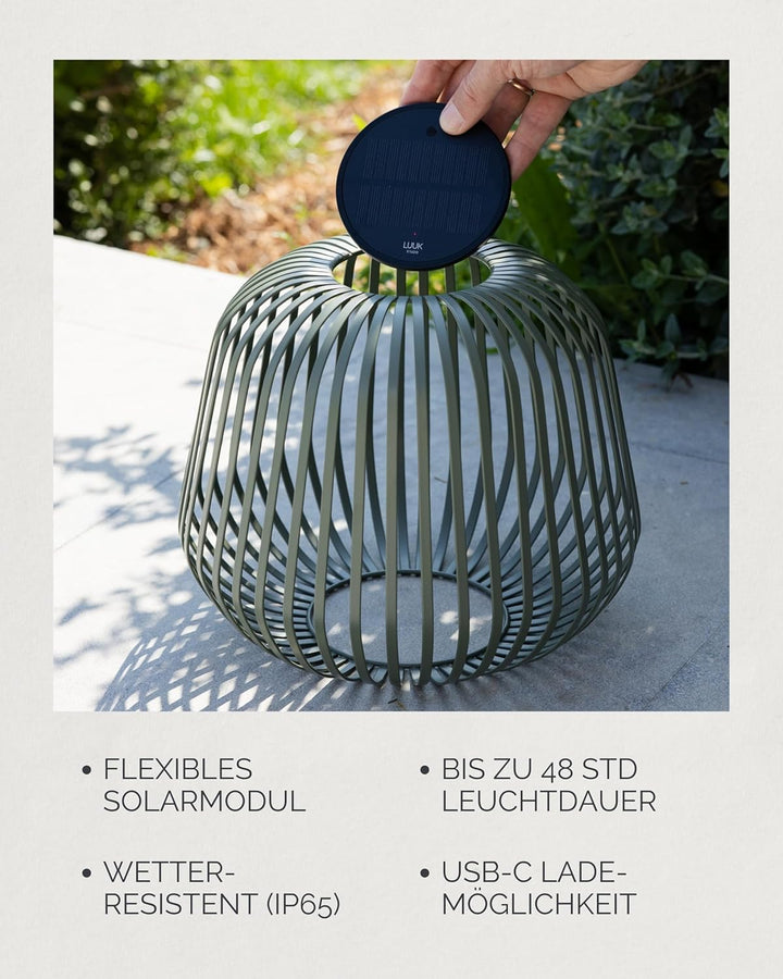 LUUK Studio Kabellose Solar Gartenlampe, LED Tischleuchte mit Solar- und USB-Aufladung, dimmbare Aus