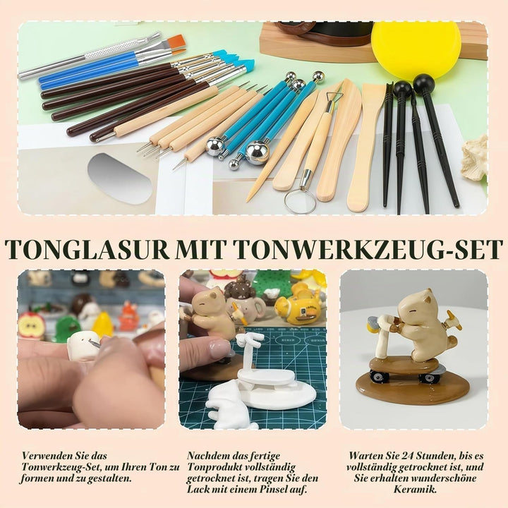 120ml Air Dry Clay Glaze - 30Pcs Tonglasur mit lufttrocknendem Ton Werkzeug Set, Modellierwerkzeug W