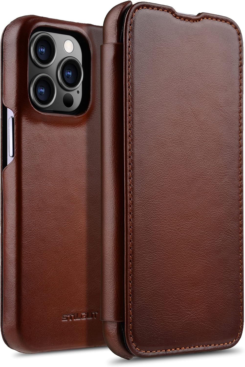 STILGUT Book Case kompatibel mit iPhone 13 Pro Max (6.7“) Hülle aus Leder zum Klappen, Klapphülle, H