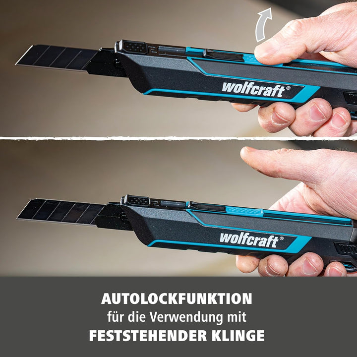 wolfcraft Cuttermesser PRO SAFETY, 18 mm - optimale Ergonomie für Links- und Rechtshänder - extrasch