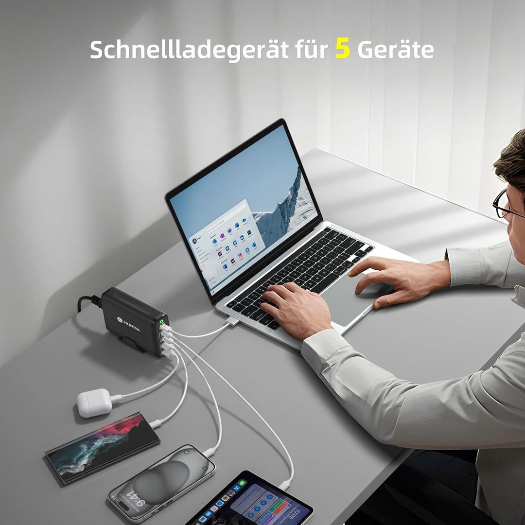 245W USB C Ladegerät,HUNDA GaN USB C Ladegerät Mehrfach 5 Ports,USB C Schnellladegerät Unterstützt P
