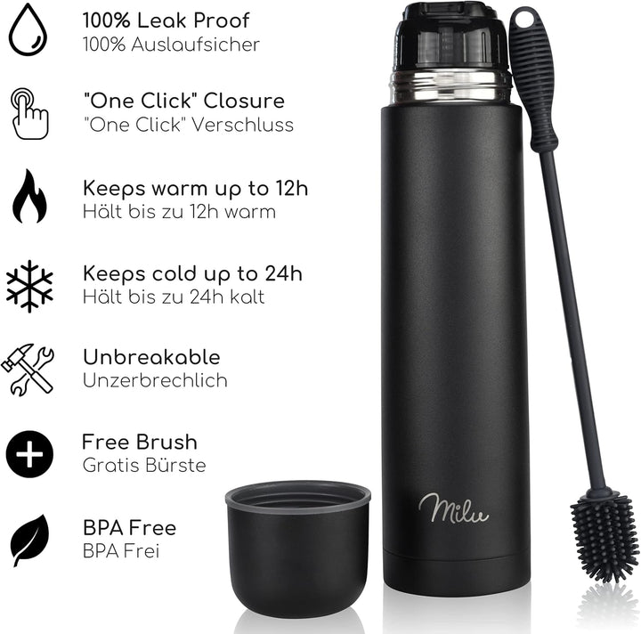 Milu Thermosflasche Thermoskanne Isolierflasche 1L, 750ml, 500ml - Isolierte Edelstahl Trinkflasche,
