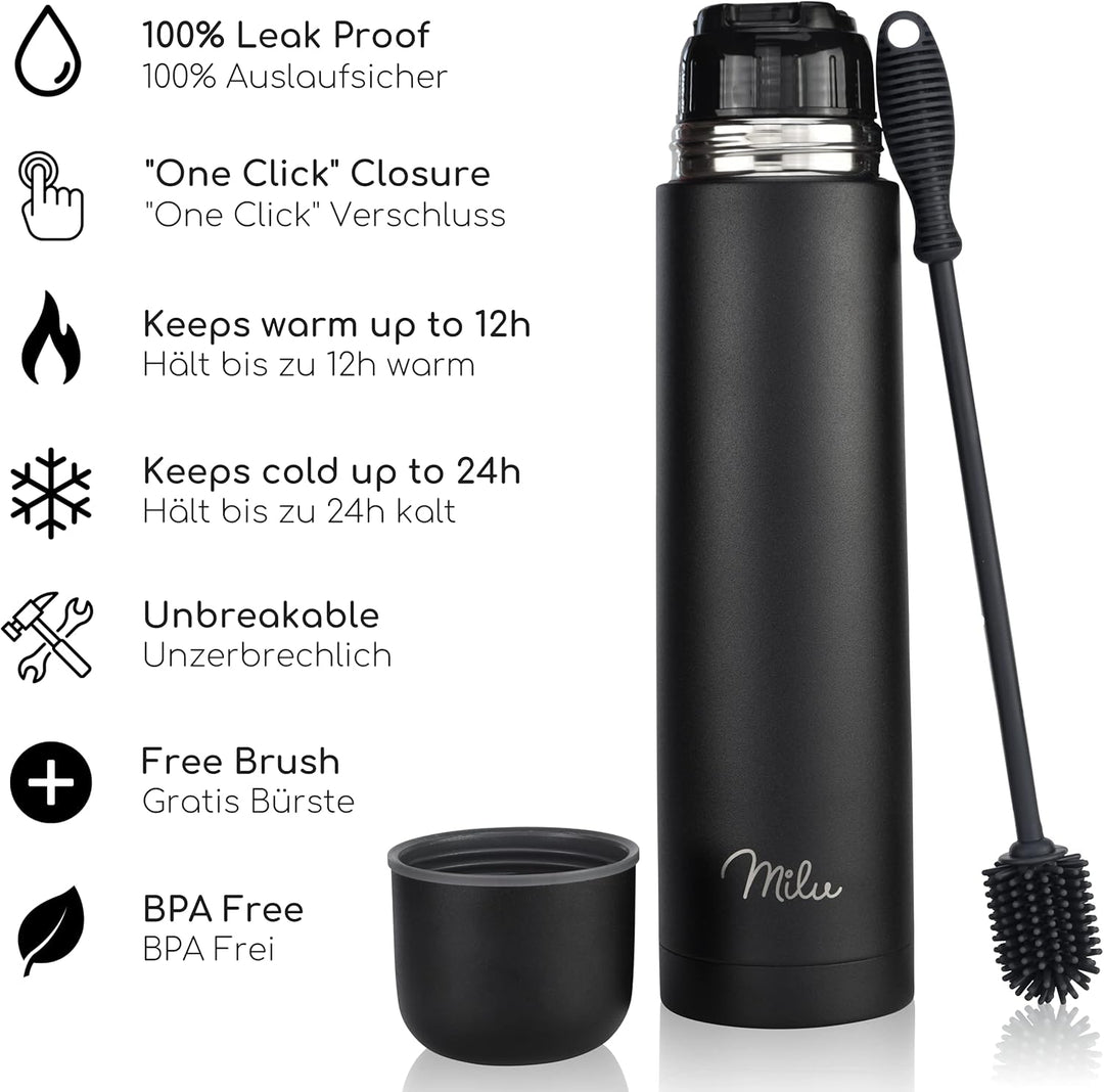 Milu Thermosflasche Thermoskanne Isolierflasche 1L, 750ml, 500ml - Isolierte Edelstahl Trinkflasche,