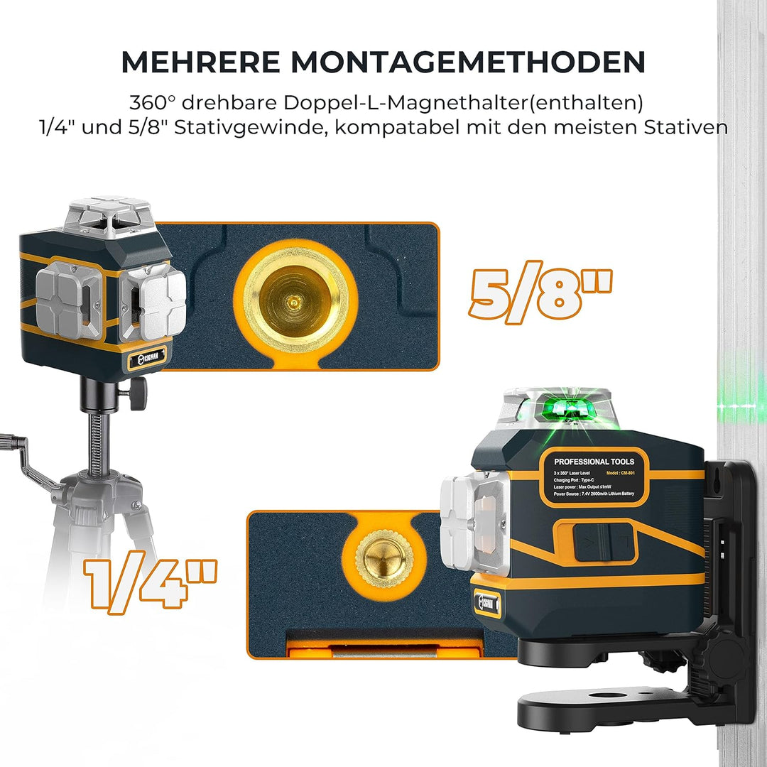 CIGMAN Kreuzlinienlaser 3 x 360 Grad grün Selbstnivellierend Laser Wasserwaage, 2 x abnehmbare wiede