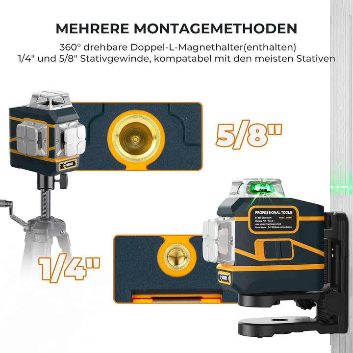 CIGMAN Kreuzlinienlaser 3 x 360 Grad grün Selbstnivellierend Laser Wasserwaage, 2 x abnehmbare wiede