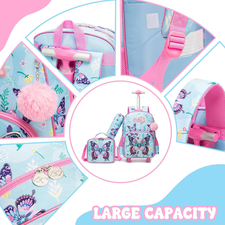 HTgroce Schulrucksack Trolley Mädchen (Schmetterling Design) – Ergonomischer Schulranzen mit Rollen