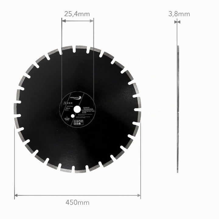 PRODIAMANT Diamantscheibe 450 mm x 25,4 mm Abrasiv für Strassen, Asphalt, Estrich, Leichtbeton, fris