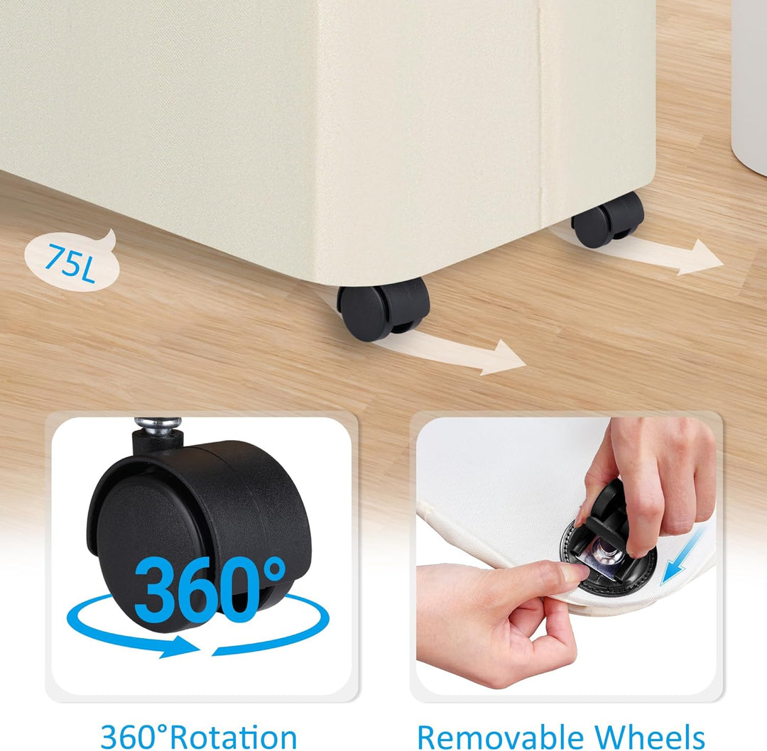 efluky Wäschekorb mit Rollen, 75L Faltbarer Wäschekorb mit Deckel, Beige Schlanker Wäschebehälter mi