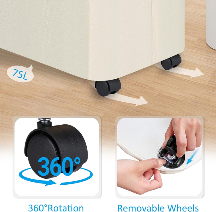 efluky Wäschekorb mit Rollen, 75L Faltbarer Wäschekorb mit Deckel, Beige Schlanker Wäschebehälter mi