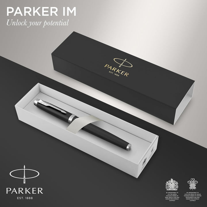 Parker IM Füller | Mattschwarz mit Chrom-Zierteilen | Füllfederhalter mit feiner Feder und blauer Ti