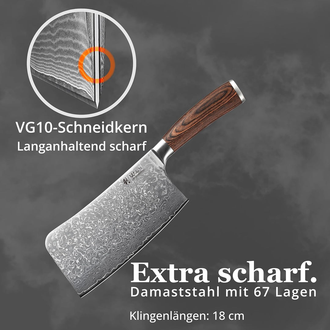 Wakoli EDIB Sakura Knochenhackmesser 18 cm Damast Hackbeil aus 67 Lagen & VG10 Kern, 60–62 HRC Schar