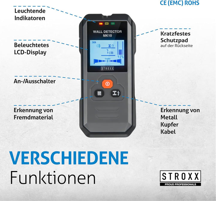 STROXX - Wanddetektor MK10 5in1 inkl. 3 Batterien - Leitungssucher - Ortungsgerät - Wandscanner - Ka