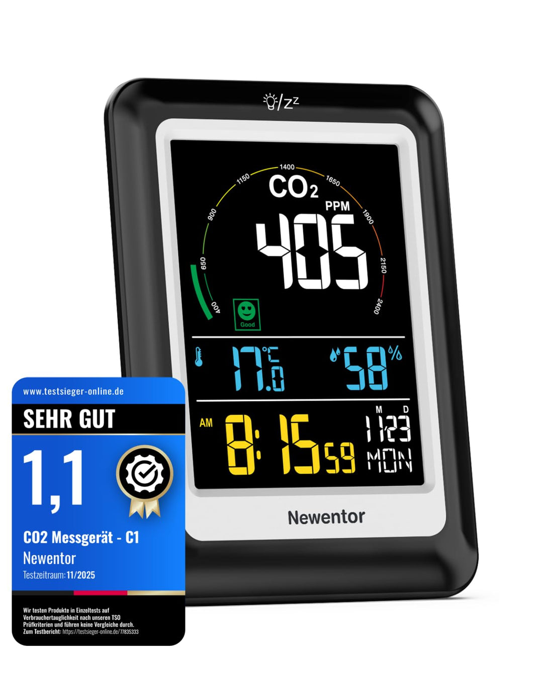 Newentor CO2 Messgerät, 4 CO2-Konzentrationsstufen mit Alarm und Lüftungsempfehlungen, Batteriebetri