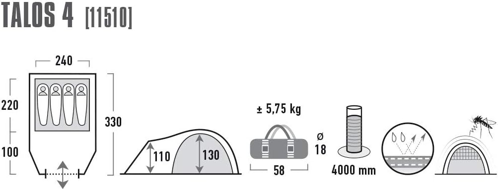 High Peak Kuppelzelt Talos 4, Campingzelt mit Vorbau, Iglu-Zelt für 4 Personen, doppelwandig, 4.000