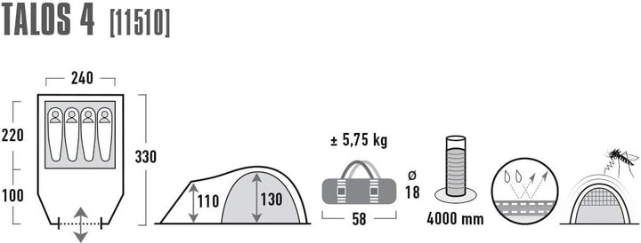 High Peak Kuppelzelt Talos 4, Campingzelt mit Vorbau, Iglu-Zelt für 4 Personen, doppelwandig, 4.000