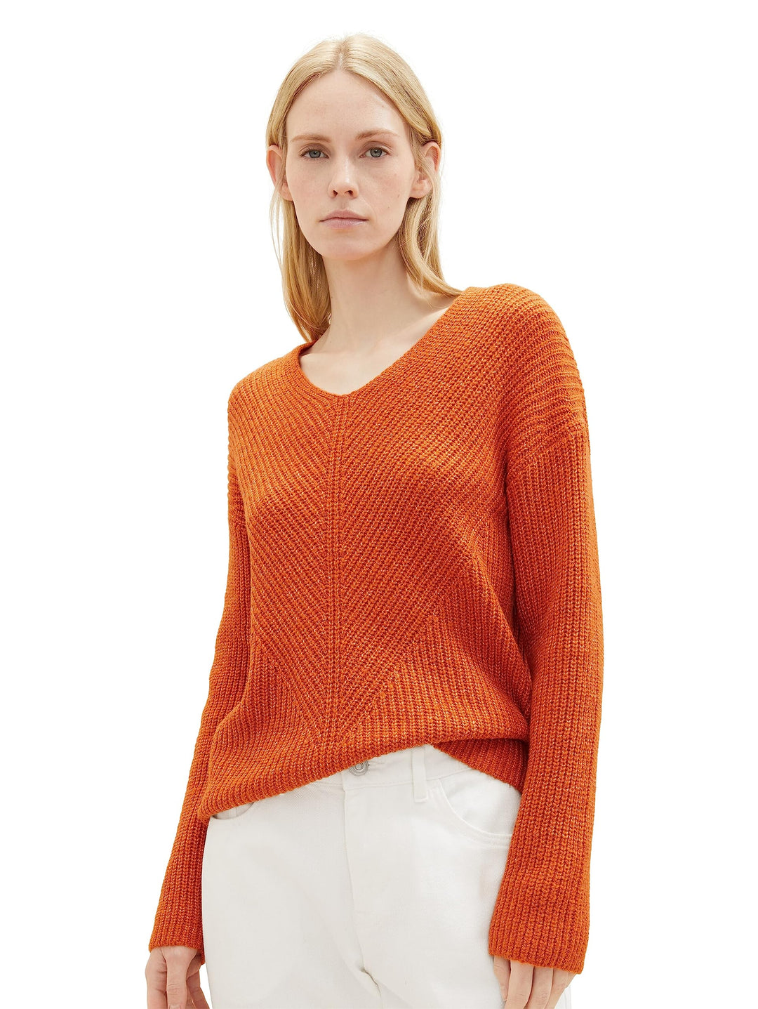TOM TAILOR Damen Basic Pullover mit V-Ausschnitt XL 32403-gold Flame Orange Melange, XL 32403-gold F