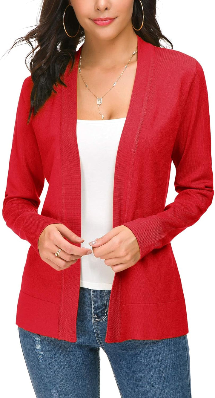 Damen Elegant Casual Strickjacke Solid Langarm Cardigan Leicht Gestrickt Blazer Rot M, Rot M
