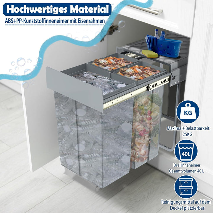 Grau 2 x 10L + 1 x 20L Einbaumülleimer Mülltrennsystem Ausziehbar Mehrfachbehälter Abfallsammler Sch