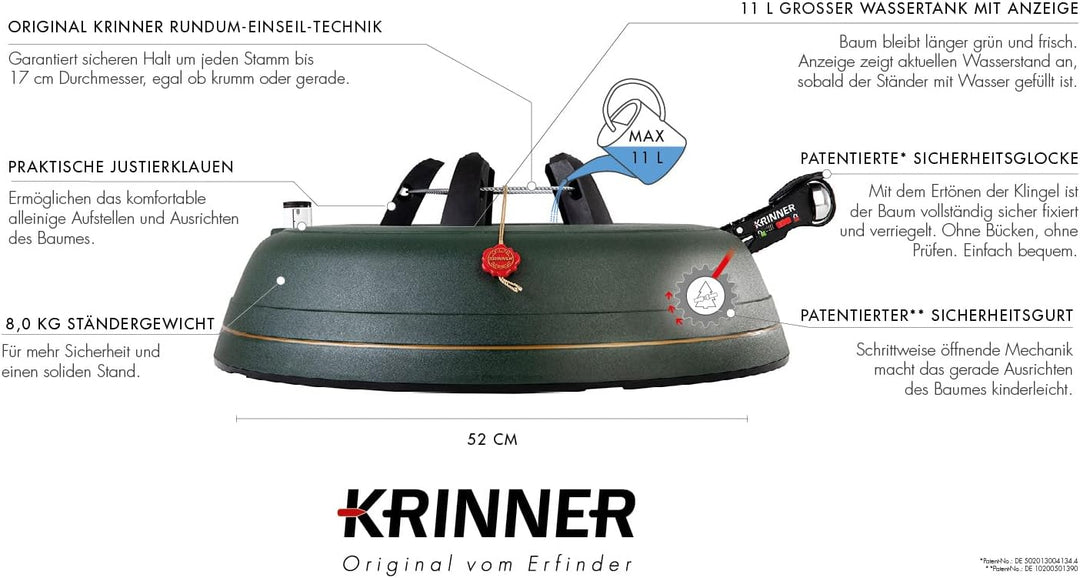 KRINNER Weihnachtsbaum Christbaumständer PREMIUM XXL grün inkl. Fusspedal- und Einseiltechnik Sicher