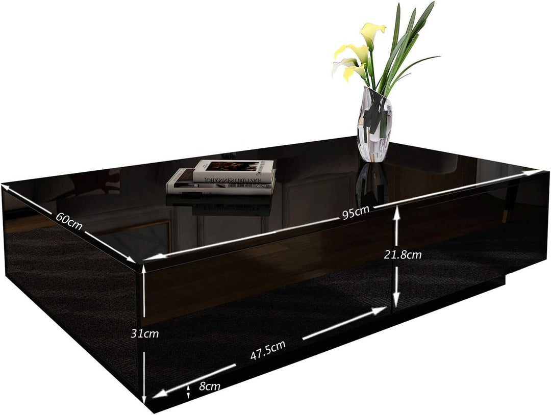 Couchtisch, Couchtisch mit Stauraum, schwarz glänzender Couchtisch für Wohnzimmer, rechteckiger Mitt