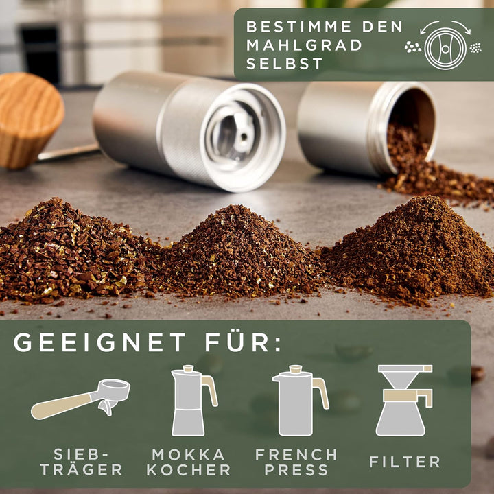 WALDWERK Kaffeemühle - Manuell Mit Präzisem Edelstahlmahlwerk - Kegelmahlwerk Mit Holzgriff - Plasti