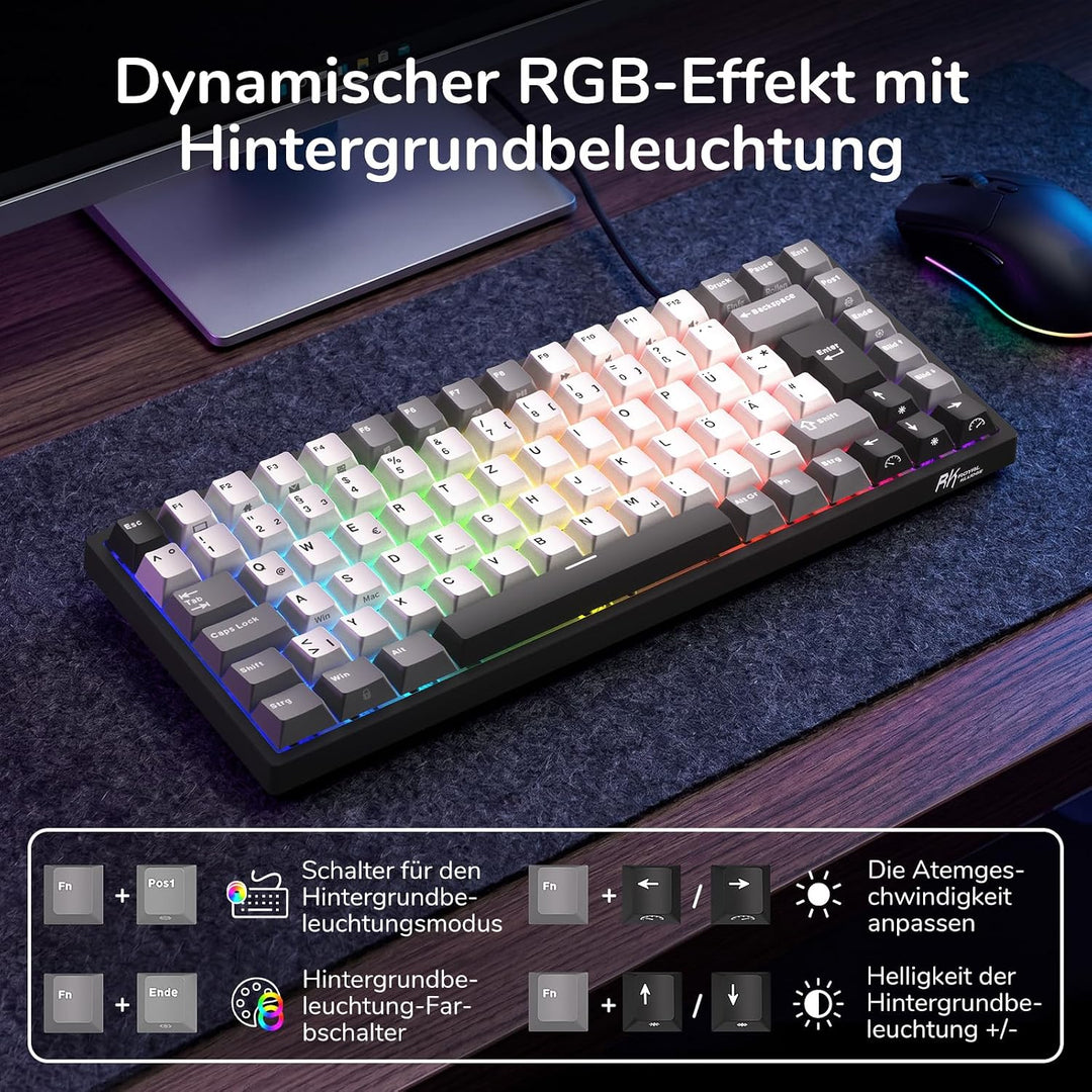 RK ROYAL KLUDGE RK84-DE Kabelgebundene 75% TKL RGB Hot Swapable Mechanische Gaming-Tastatur,Deutsche