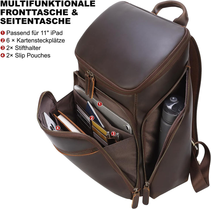 TIDING Rucksack Herren Leder 15,6 Zoll Laptop Tasche Schulrucksack Laptoptasche Grosse Kapazität Day