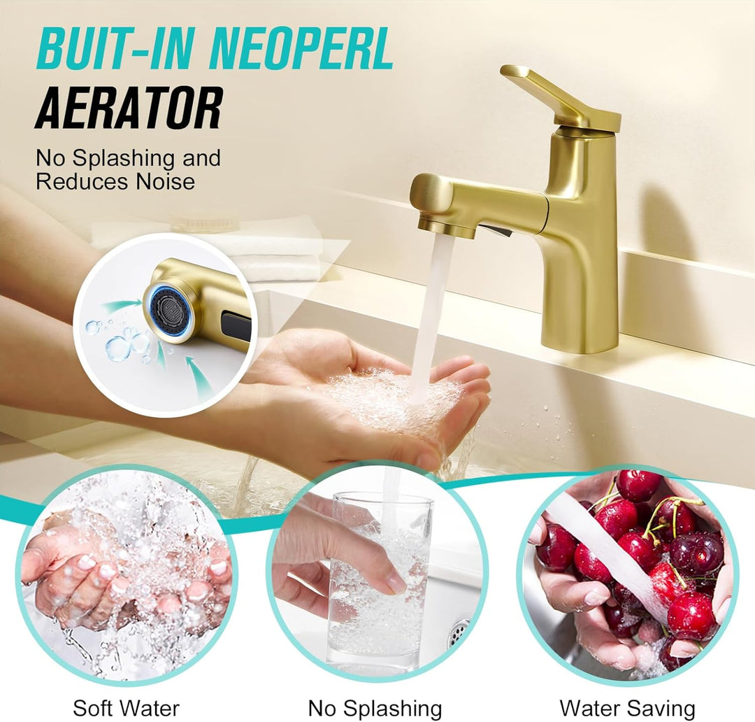 CREA Modern Waschtischarmatur Badezimmer mit 2 Wasserstrahlarten Brause ausziehbar, Einhebelmischer
