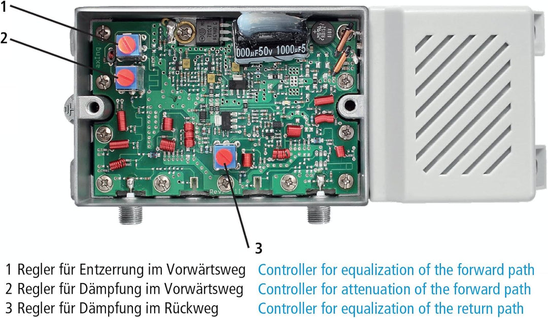 Axing BVS 12-69N Hausanschluss-Verstärker 20dB aktiver Rückkanal 5-65 MHz (1006 MHz, 100dBµV) silber