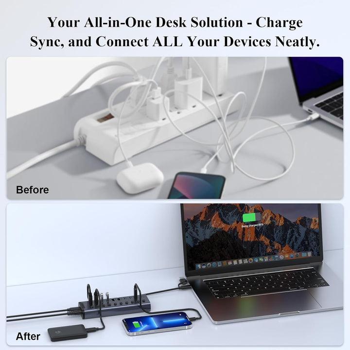 Aktiver USB-Hub, 10-Port USB-C-Hub mit 5 USB-A 3.2, 2 USB-C 3.2 und BC1.2 sowie 2 PD 45W Ladeanschlü