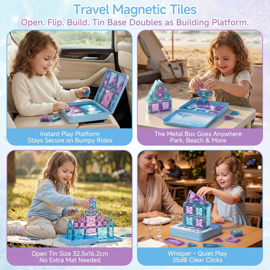 burgkidz Magnetische Bausteine Reisespielzeug für Mädchen, 42 Teile Eisprinzessin Magnetische Tiles