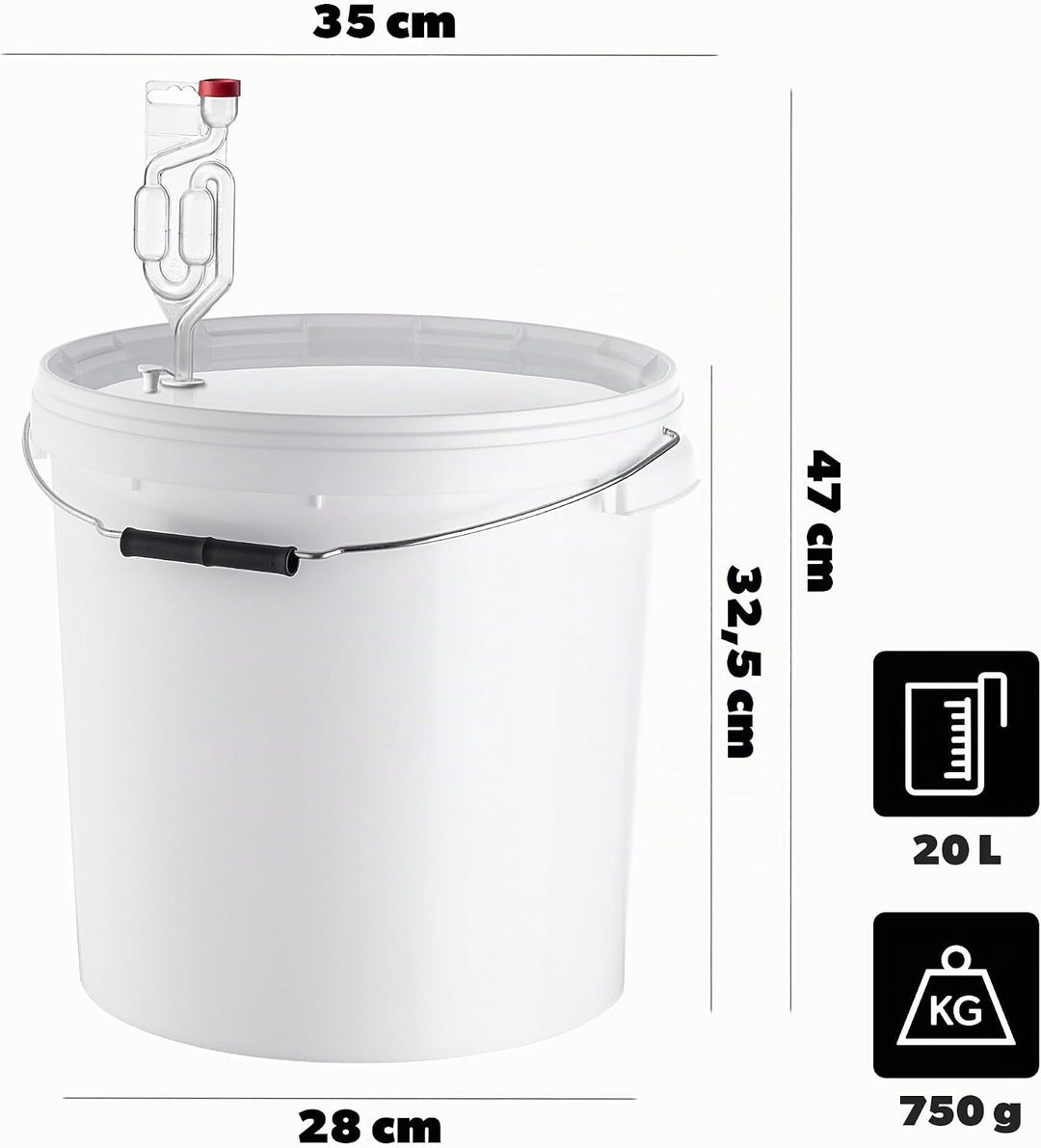 KADAX Gäreimer 20L Set mit Gärröhrchen & Gummistopfen, Gärbehälter aus Kunststoff mit Gärspund & Sto