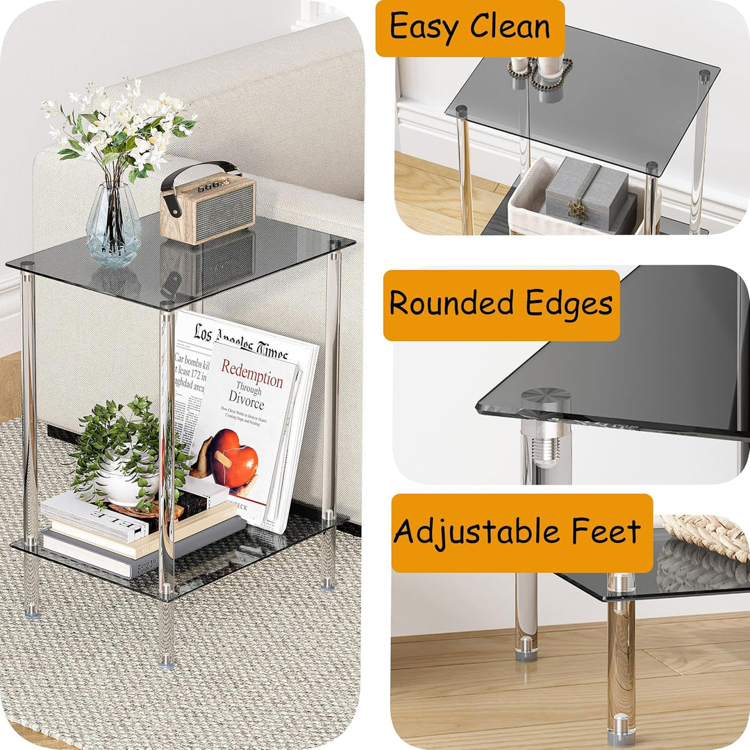 Beistelltisch Glas Eckig Nachttisch Transparent Glastisch Mobiler Couchtisch 2 Ablagen Glasregal Woh