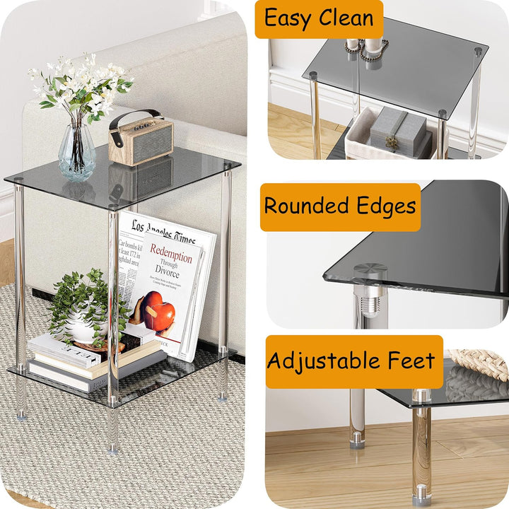 Beistelltisch Glas Eckig Nachttisch Transparent Glastisch Mobiler Couchtisch 2 Ablagen Glasregal Woh