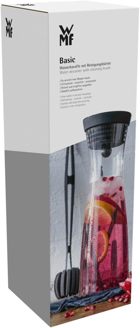 WMF Basic Wasserkaraffe mit Reinigungsbürste, Glas-Karaffe 1l, Silikondeckel, CloseUp-Verschluss, mi