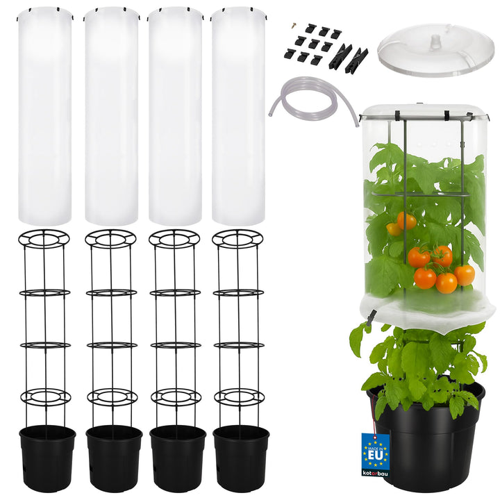 KOTARBAU® 4er Set Tomatentopf - Rankhilfe mit Folie - H: 153 cm - mit Tomatenhaube ⌀ 40 cm - Tomaten