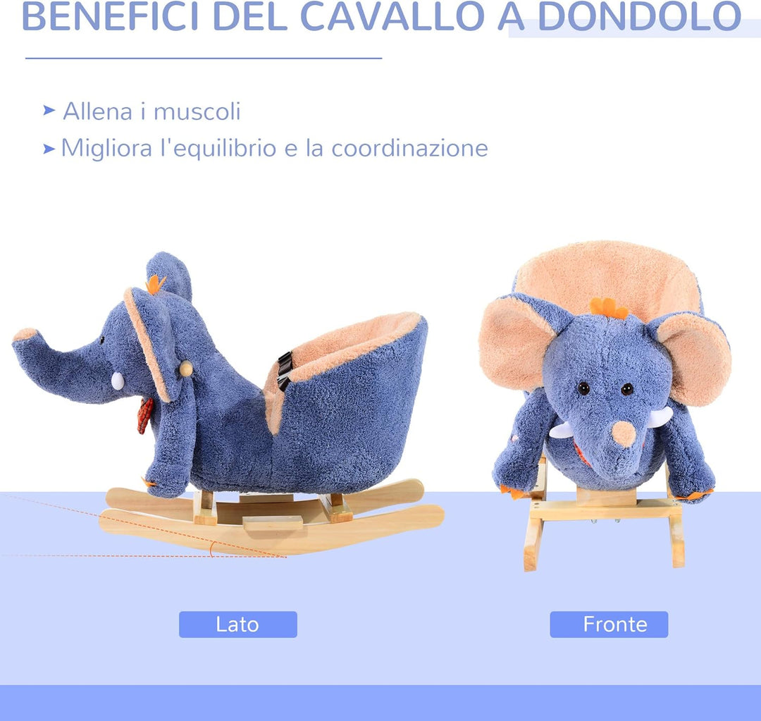 HOMCOM Schaukelpferd aus Holz Elefant für Kinder 60 x 33 x 45 cm Blau Elefant, Blau Elefant