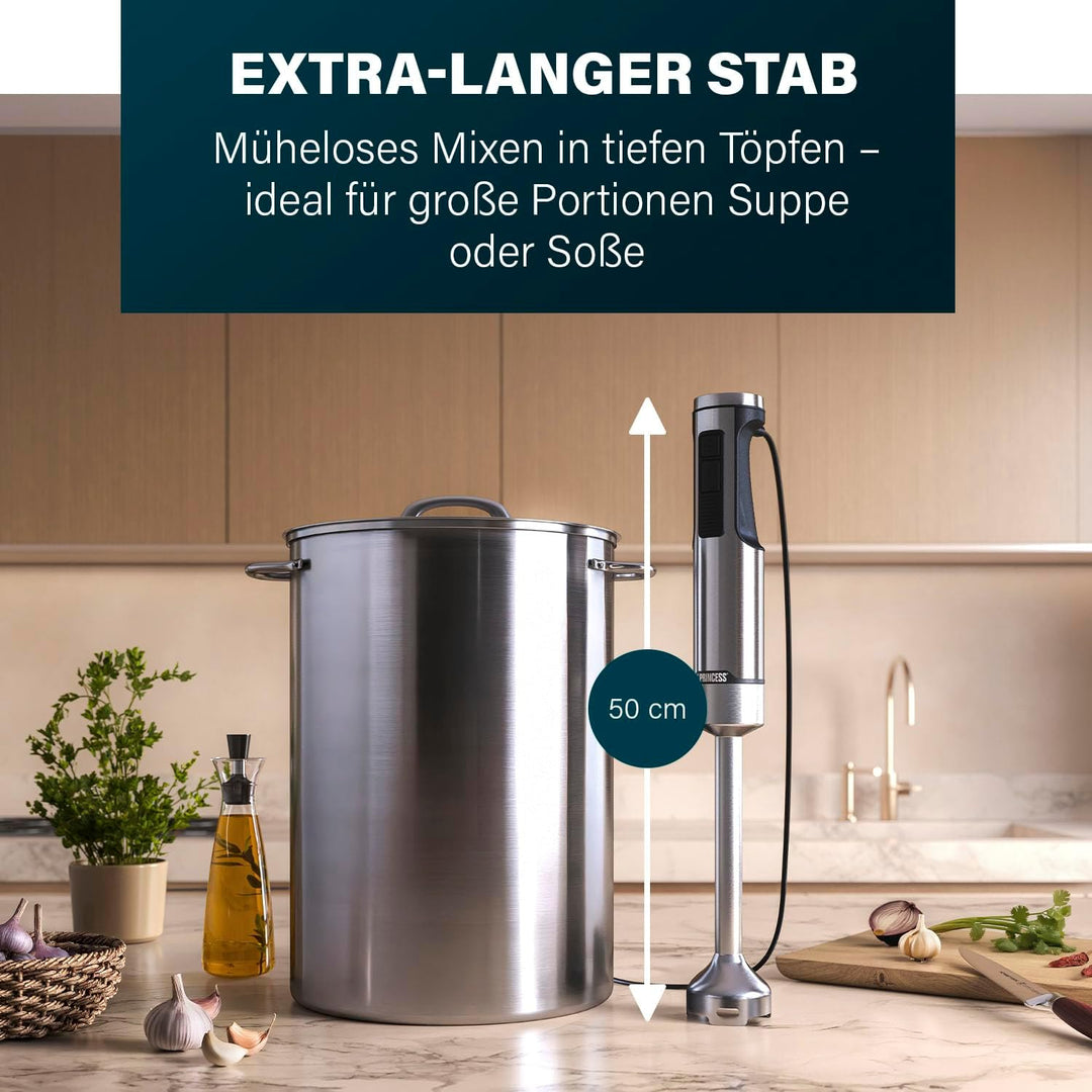 Princess Edelstahl-Stabmixer Prof XXL, 1500W, 50cm Extra-Langer Stab, 5 Geschwindigkeiten, Turbofunk