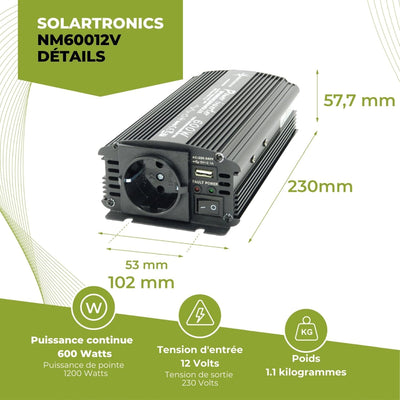 solartronics Spannungswandler Wechselrichter Intverter NM 600-1200 Watt 12V zu 230V schwarz USB Schu