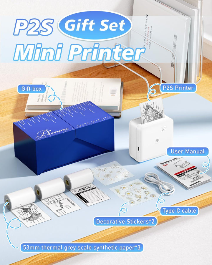 Phomemo Mini Drucker für Smartphone, Aufgerüstet 300 DPI Mini Thermodrucker P2S Sofortbilddrucker fü