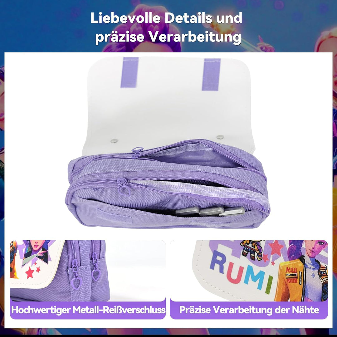 Federmäppchen für Mädchen im Korea-Pop Stil, Federtasche mit Klettverschluss-Klappe & 3 Fächern, Gro