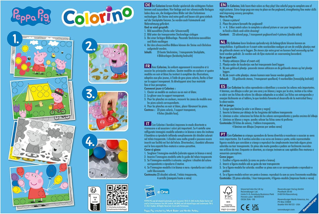 Ravensburger Kinderspiele - 20892 - Peppa Pig Colorino, Kinderspiel zum Farbenlernen, Mosaik Stecksp