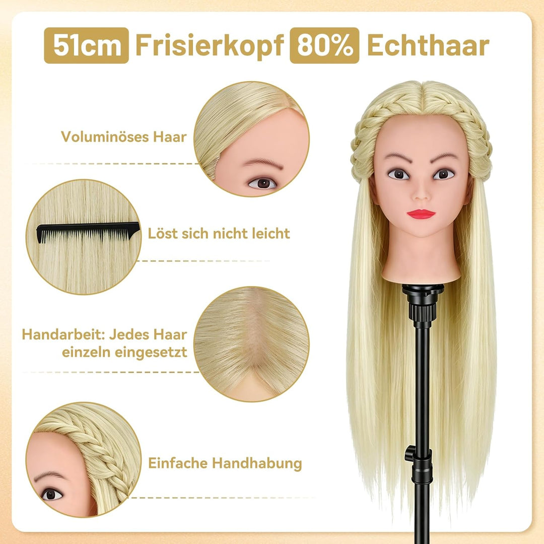 TwoWin Friseurkopf mit Haaren, 20 Zoll (51 cm) 80% Echthaar Mannequin Kopf, Trainingskopf für Stylin